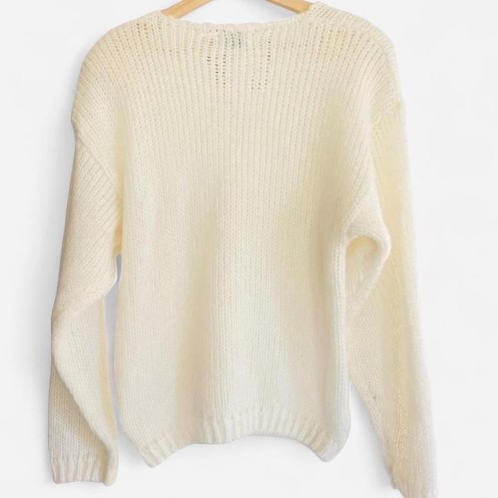 Vintage Shenanigans Cream Ivory Tone Soft Cozy Knit Sweater with Flowers Pearls - Picture 6 of 6